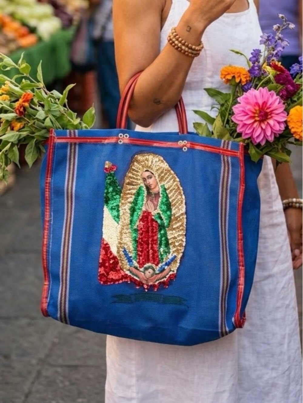 Blue Sequin Holy Virgin Mary Mesh Tote Bag - 16 x 16" 🇲🇽